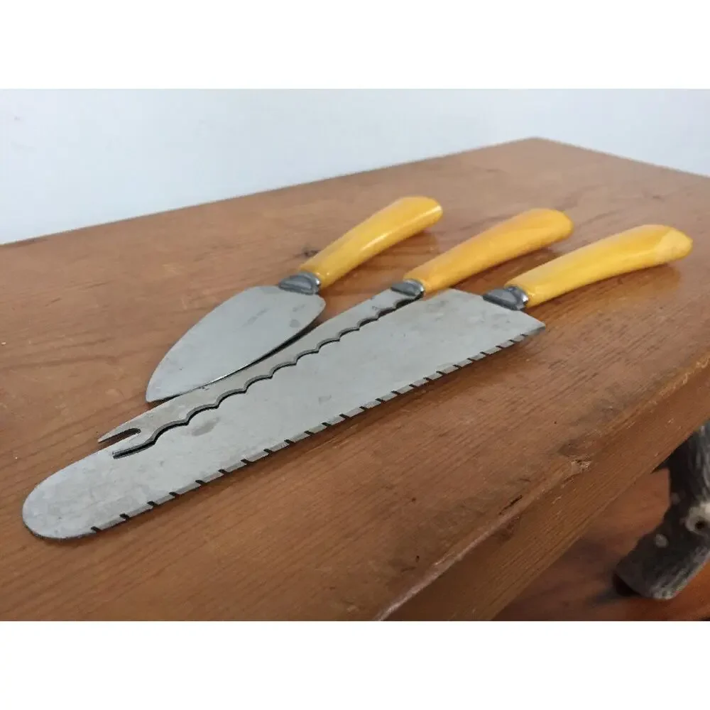 Set of 3 Vintage Butterscotch Bakelite Flatware Utensils Pie Slicer Tomato Knife